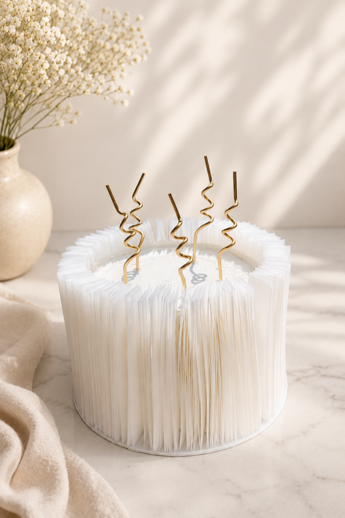 A white ruffled buttercream celebration cake with gold swirl candles and gypsophila